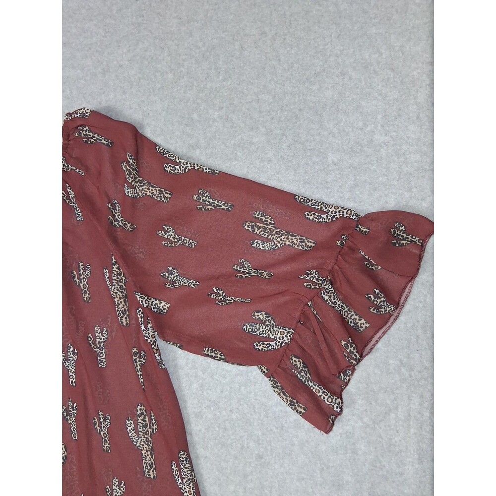 Cowgirl Hardware 3/4 Flutter Sleeve Sheer Blouse XXL Brown Leopard Catus Western - Picture 4 of 13